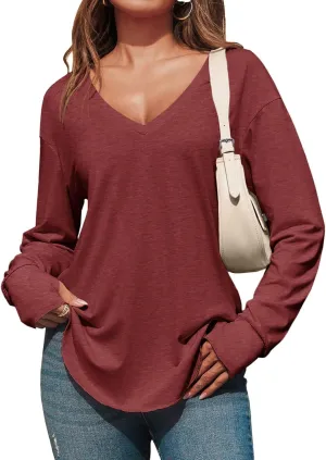Tankaneo Womens Deep V Neck Tunic Tops Long Sleeve Oversized Casual Loose Fit Curved Hem T Shirts