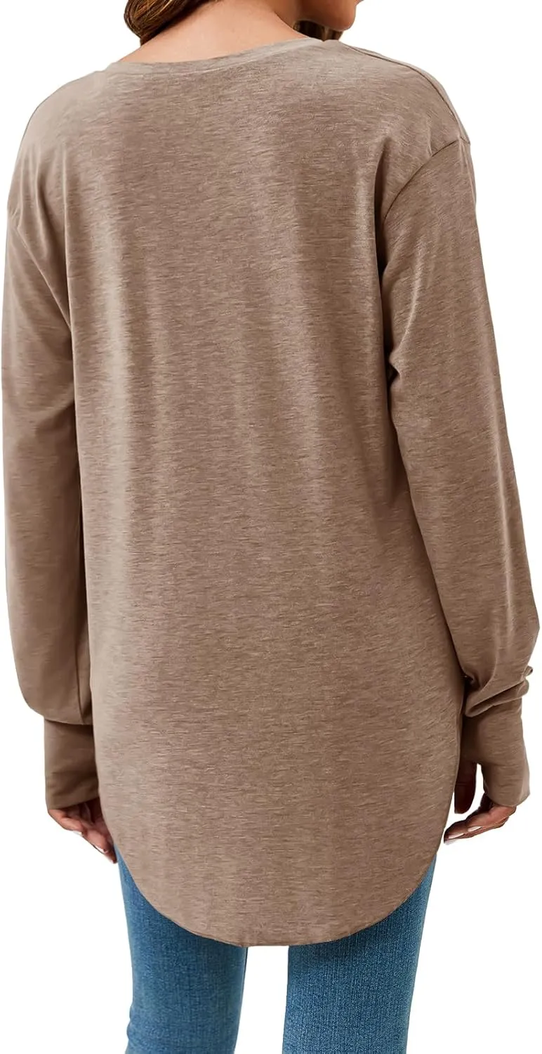 Tankaneo Womens Deep V Neck Tunic Tops Long Sleeve Oversized Casual Loose Fit Curved Hem T Shirts