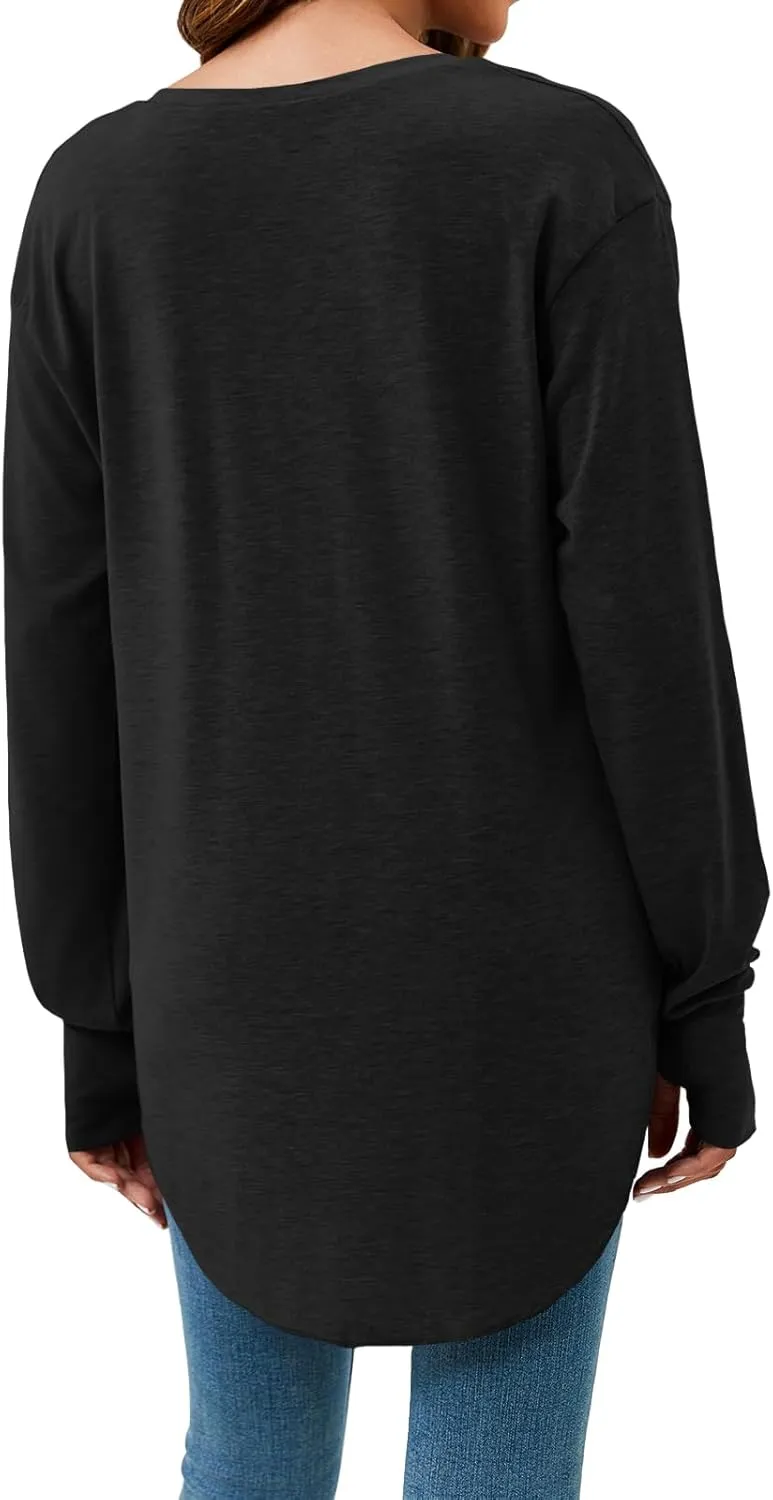 Tankaneo Womens Deep V Neck Tunic Tops Long Sleeve Oversized Casual Loose Fit Curved Hem T Shirts