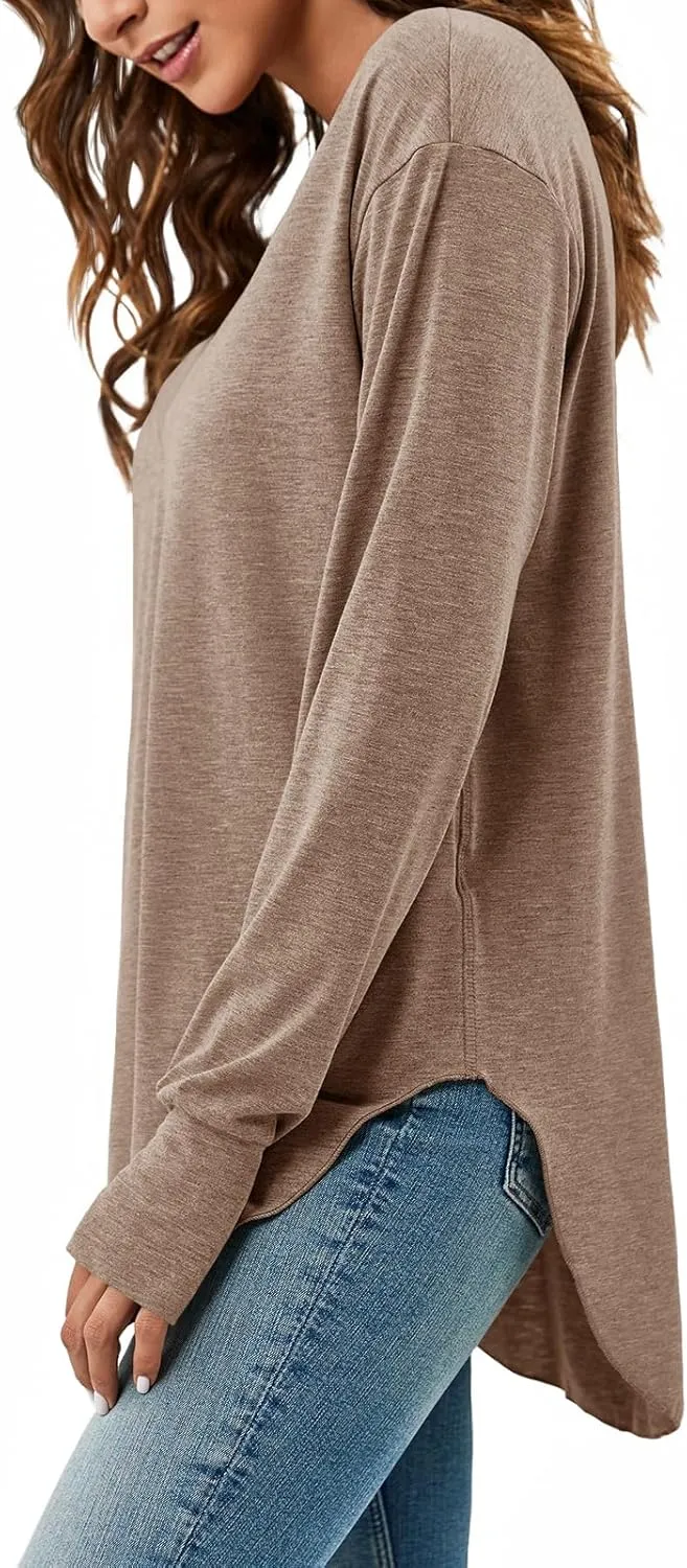 Tankaneo Womens Deep V Neck Tunic Tops Long Sleeve Oversized Casual Loose Fit Curved Hem T Shirts