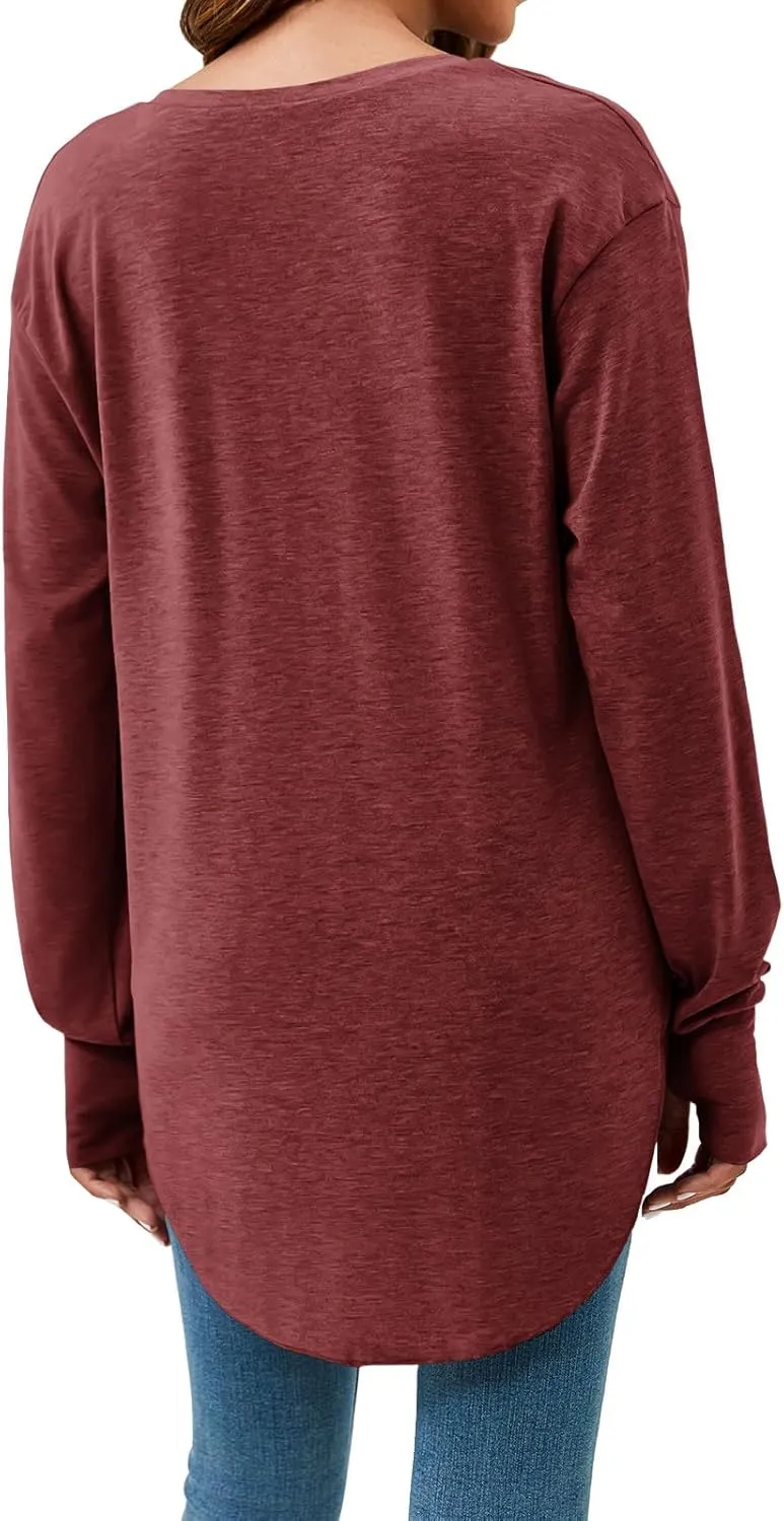 Tankaneo Womens Deep V Neck Tunic Tops Long Sleeve Oversized Casual Loose Fit Curved Hem T Shirts