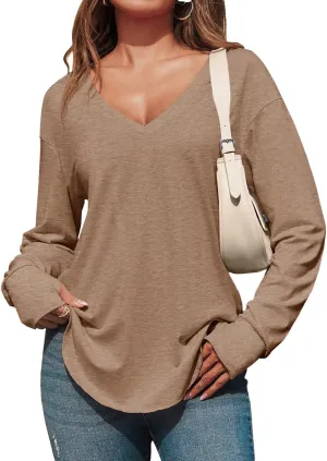 Tankaneo Womens Deep V Neck Tunic Tops Long Sleeve Oversized Casual Loose Fit Curved Hem T Shirts
