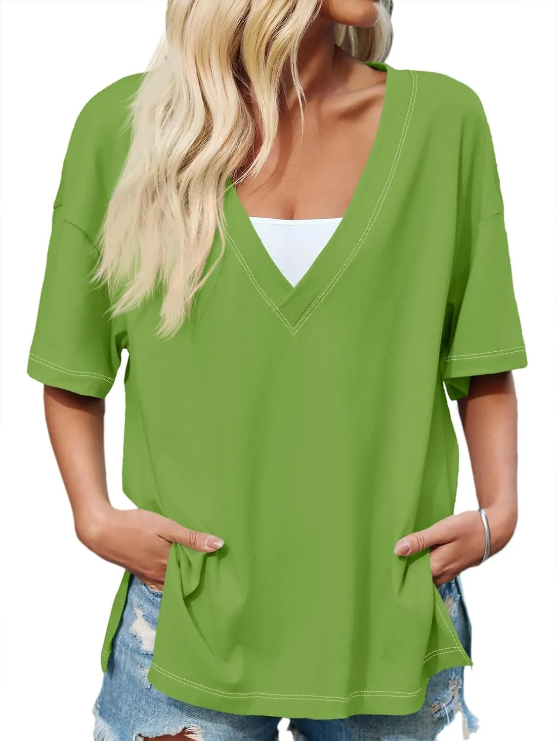 Tankaneo Womens Oversized Tshirts Deep V Neck Short Sleeve Tops Summer Casual Loose Fit Side Slit Tunic Shirts