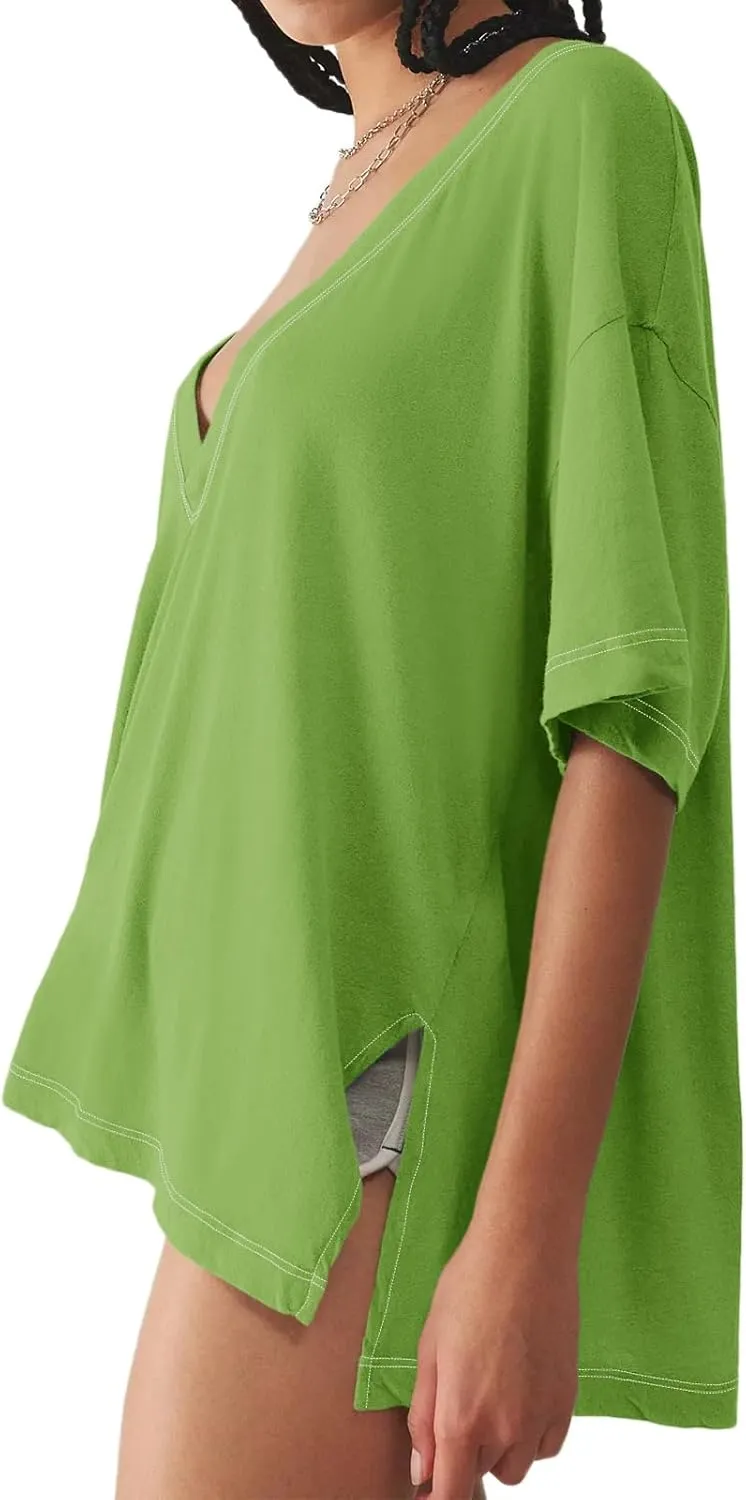 Tankaneo Womens Oversized Tshirts Deep V Neck Short Sleeve Tops Summer Casual Loose Fit Side Slit Tunic Shirts