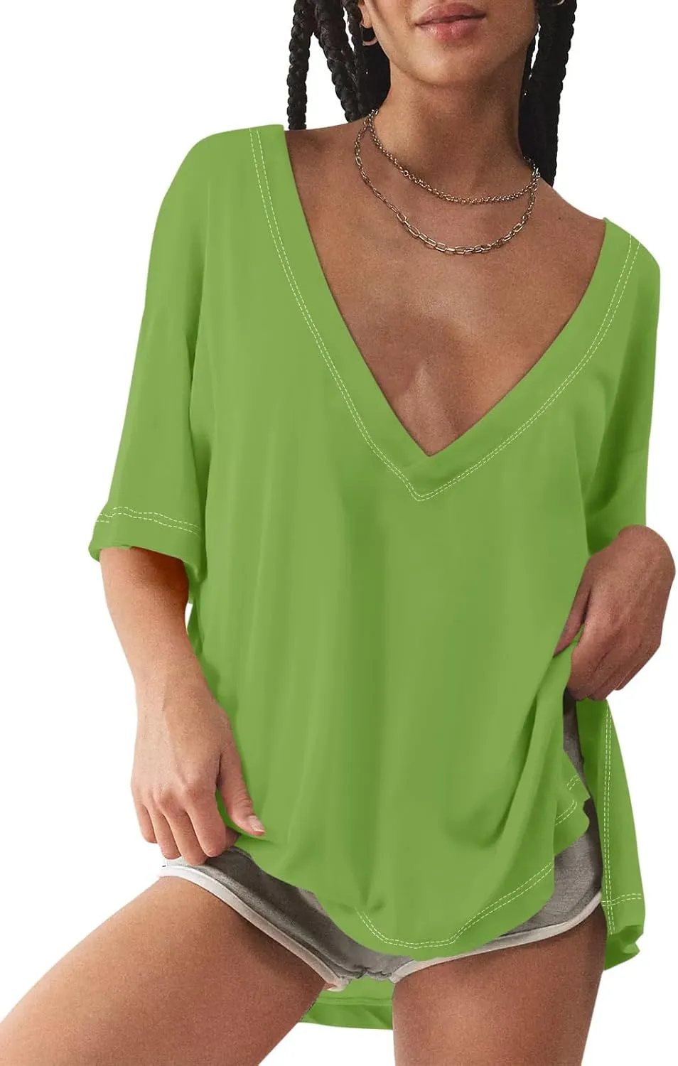 Tankaneo Womens Oversized Tshirts Deep V Neck Short Sleeve Tops Summer Casual Loose Fit Side Slit Tunic Shirts