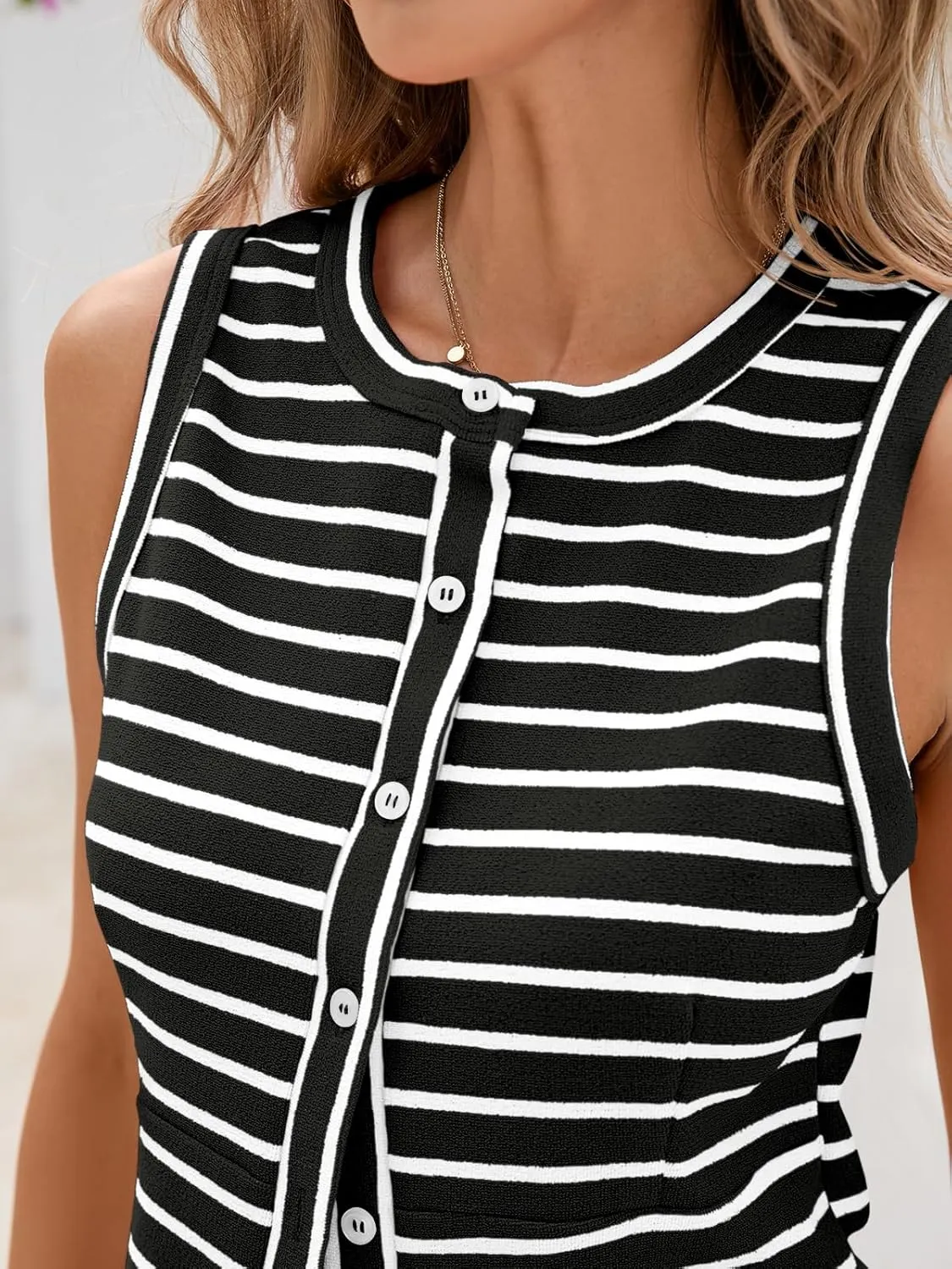 Tankaneo Womens Striped Trendy Vest Button Down Slim Fit Tank Tops Y2k Going Out Sleeveless Cropped T Shirts