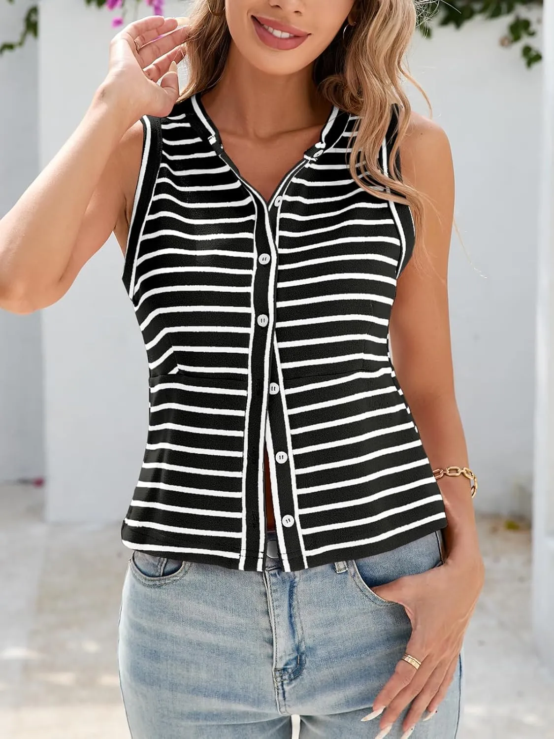 Tankaneo Womens Striped Trendy Vest Button Down Slim Fit Tank Tops Y2k Going Out Sleeveless Cropped T Shirts