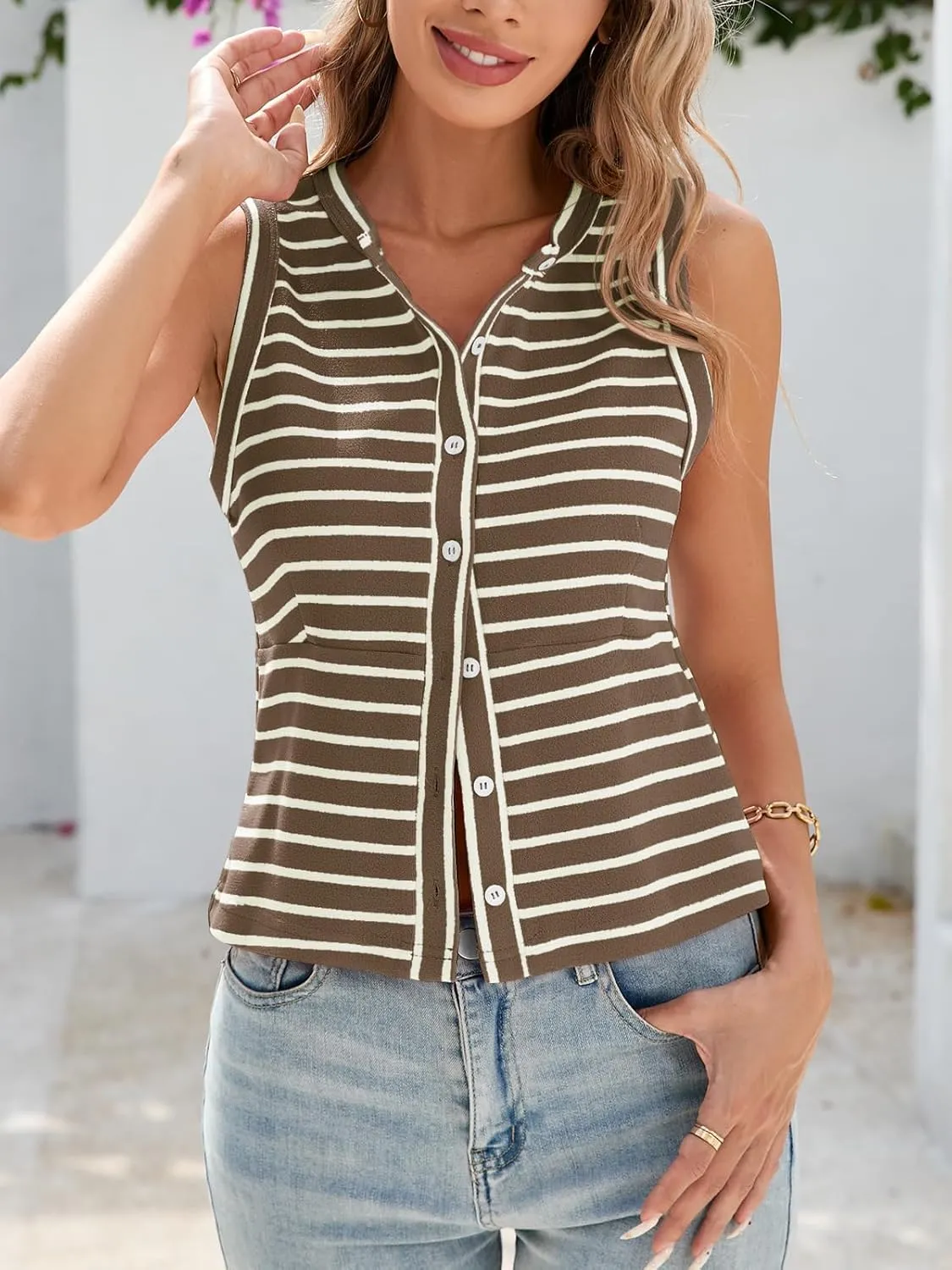 Tankaneo Womens Striped Trendy Vest Button Down Slim Fit Tank Tops Y2k Going Out Sleeveless Cropped T Shirts