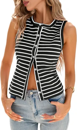 Tankaneo Womens Striped Trendy Vest Button Down Slim Fit Tank Tops Y2k Going Out Sleeveless Cropped T Shirts
