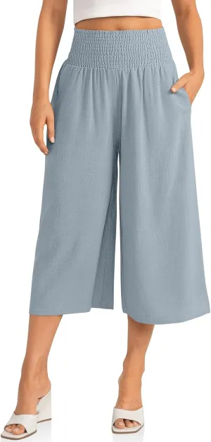 TARSE Womens Linen Palazzo Capri Pants Boho Summer Smocked High Waist Wide Leg Casual Loose Trousers with Pockets Flowy Pants