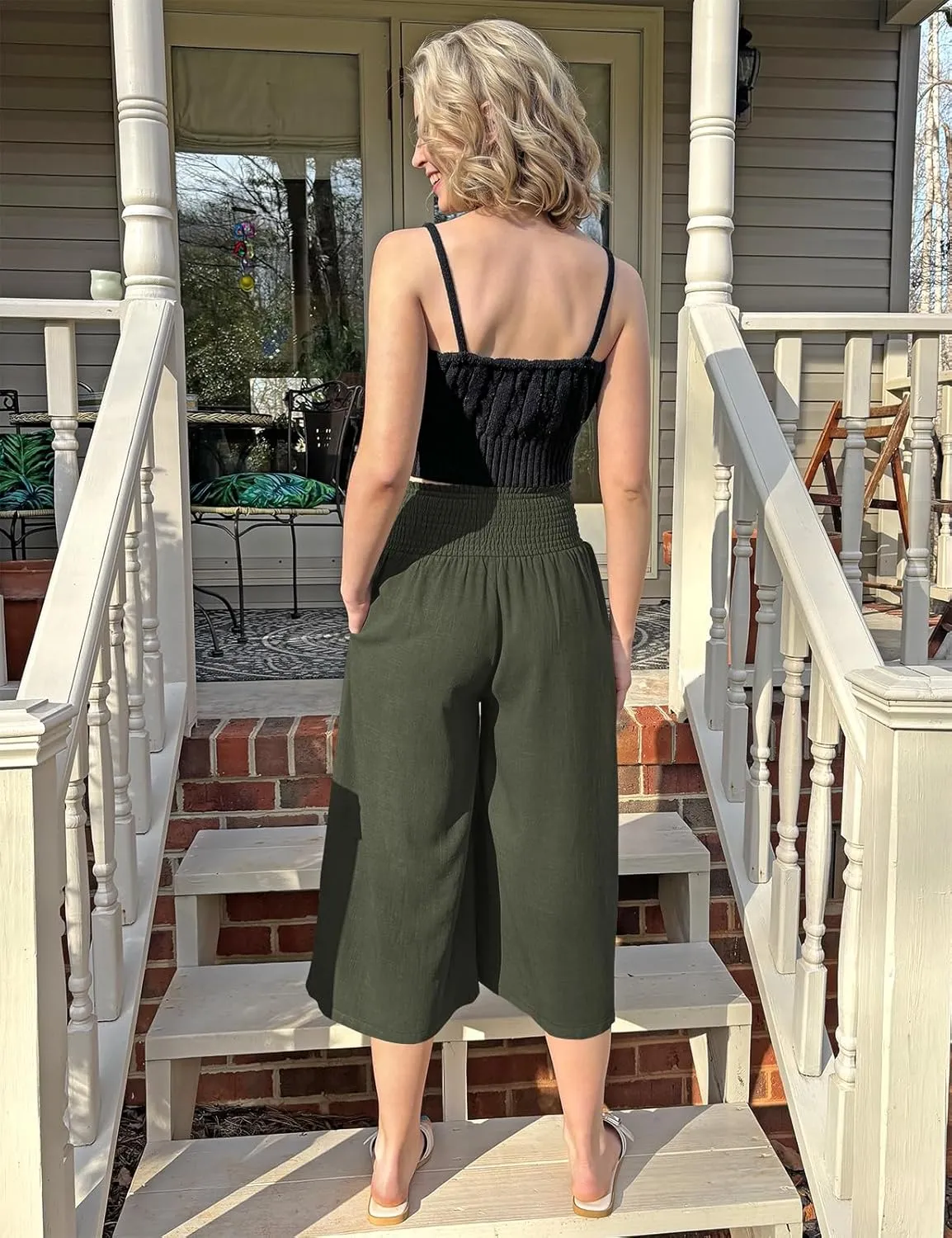 TARSE Womens Linen Palazzo Capri Pants Boho Summer Smocked High Waist Wide Leg Casual Loose Trousers with Pockets Flowy Pants