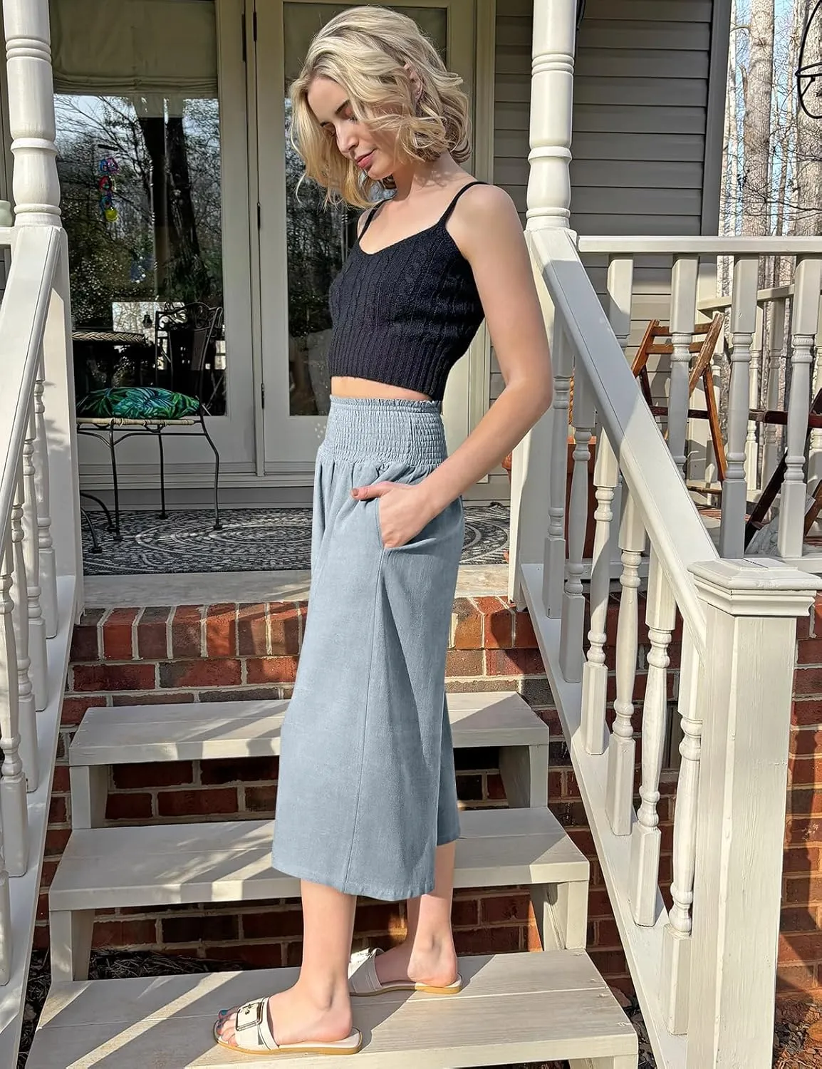TARSE Womens Linen Palazzo Capri Pants Boho Summer Smocked High Waist Wide Leg Casual Loose Trousers with Pockets Flowy Pants