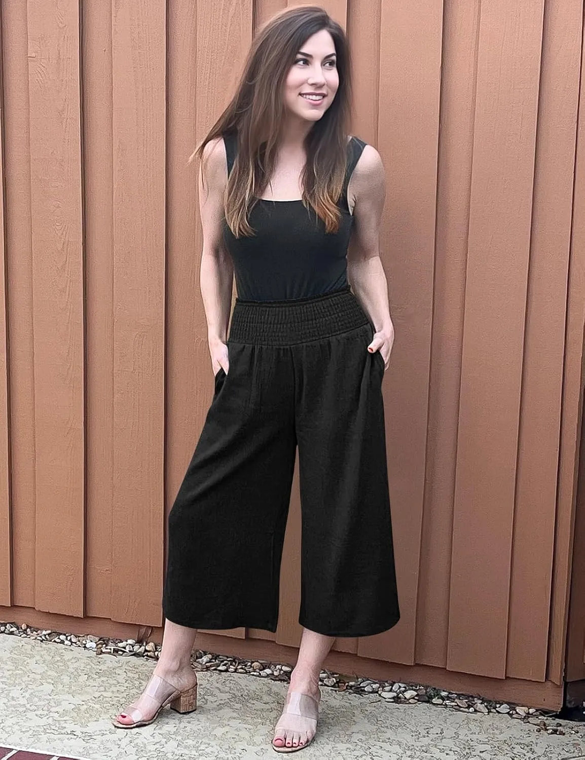 TARSE Womens Linen Palazzo Capri Pants Boho Summer Smocked High Waist Wide Leg Casual Loose Trousers with Pockets Flowy Pants