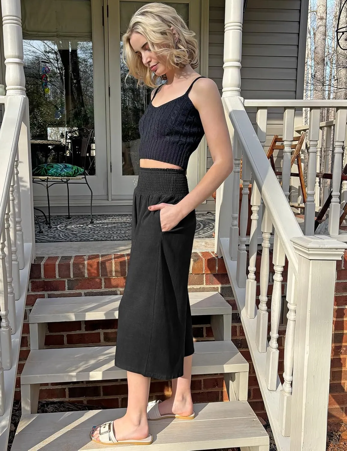 TARSE Womens Linen Palazzo Capri Pants Boho Summer Smocked High Waist Wide Leg Casual Loose Trousers with Pockets Flowy Pants