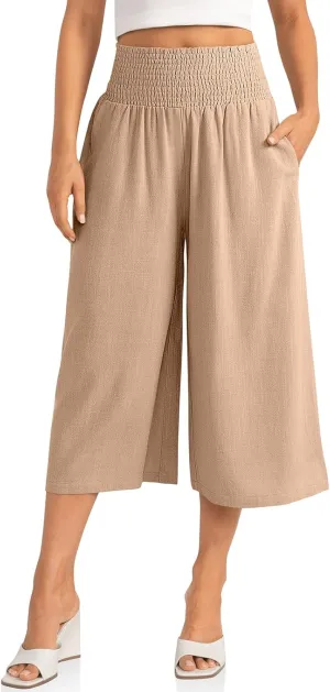 TARSE Womens Linen Palazzo Capri Pants Boho Summer Smocked High Waist Wide Leg Casual Loose Trousers with Pockets Flowy Pants