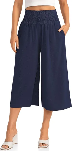 TARSE Womens Linen Palazzo Capri Pants Boho Summer Smocked High Waist Wide Leg Casual Loose Trousers with Pockets Flowy Pants