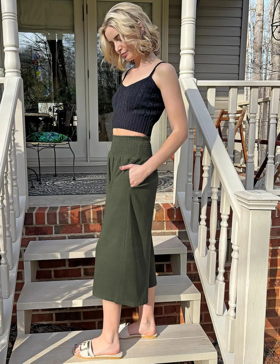 TARSE Womens Linen Palazzo Capri Pants Boho Summer Smocked High Waist Wide Leg Casual Loose Trousers with Pockets Flowy Pants