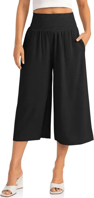 TARSE Womens Linen Palazzo Capri Pants Boho Summer Smocked High Waist Wide Leg Casual Loose Trousers with Pockets Flowy Pants