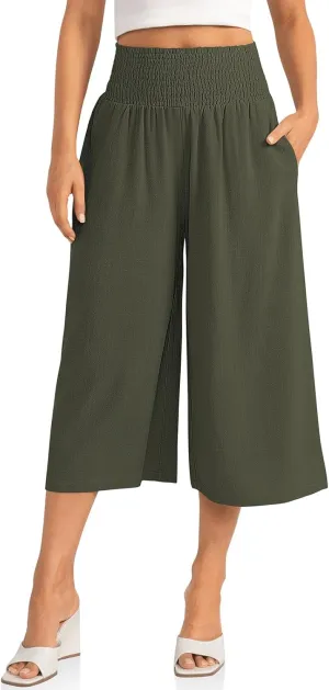 TARSE Womens Linen Palazzo Capri Pants Boho Summer Smocked High Waist Wide Leg Casual Loose Trousers with Pockets Flowy Pants