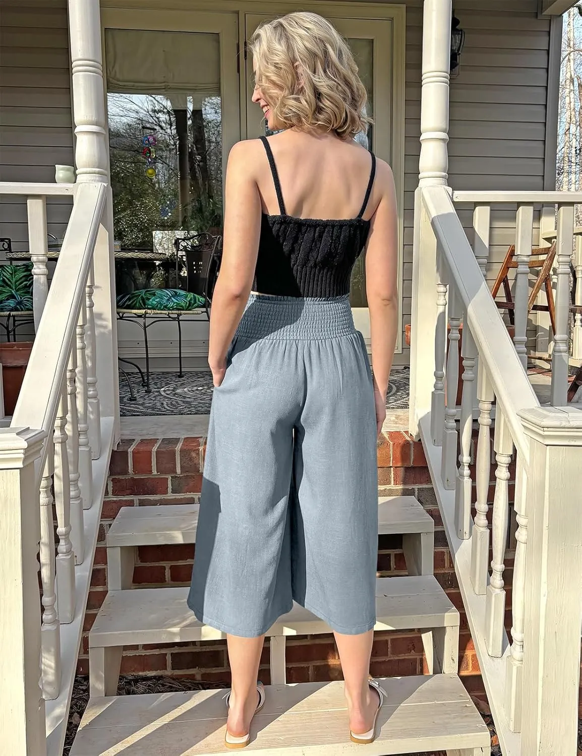 TARSE Womens Linen Palazzo Capri Pants Boho Summer Smocked High Waist Wide Leg Casual Loose Trousers with Pockets Flowy Pants