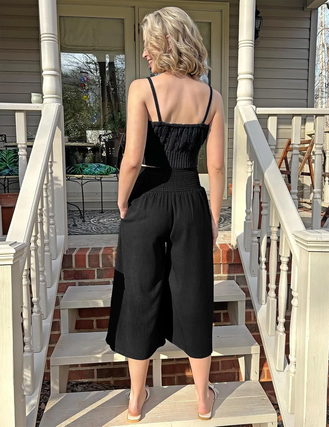 TARSE Womens Linen Palazzo Capri Pants Boho Summer Smocked High Waist Wide Leg Casual Loose Trousers with Pockets Flowy Pants