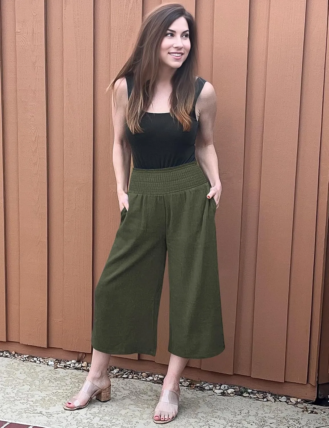 TARSE Womens Linen Palazzo Capri Pants Boho Summer Smocked High Waist Wide Leg Casual Loose Trousers with Pockets Flowy Pants