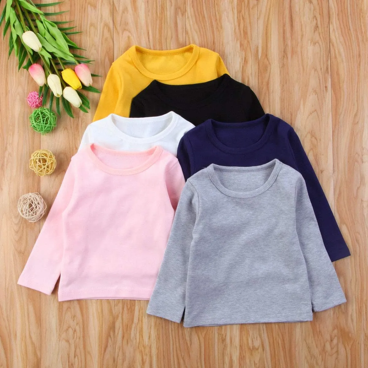 Toddler Baby Boy Girl Basic Solid Plain Organic Cotton T Shirts Tops Long Sleeve Tee Shirt Girls Clothes