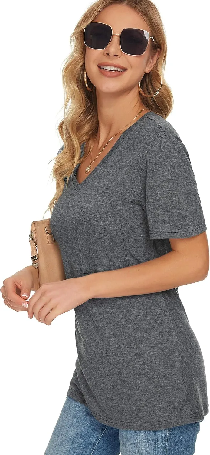 TODOLOR Womens T Shirts Short Sleeve V Neck Loose Casual Summer Tees Basic Tunic Tops with Pocket