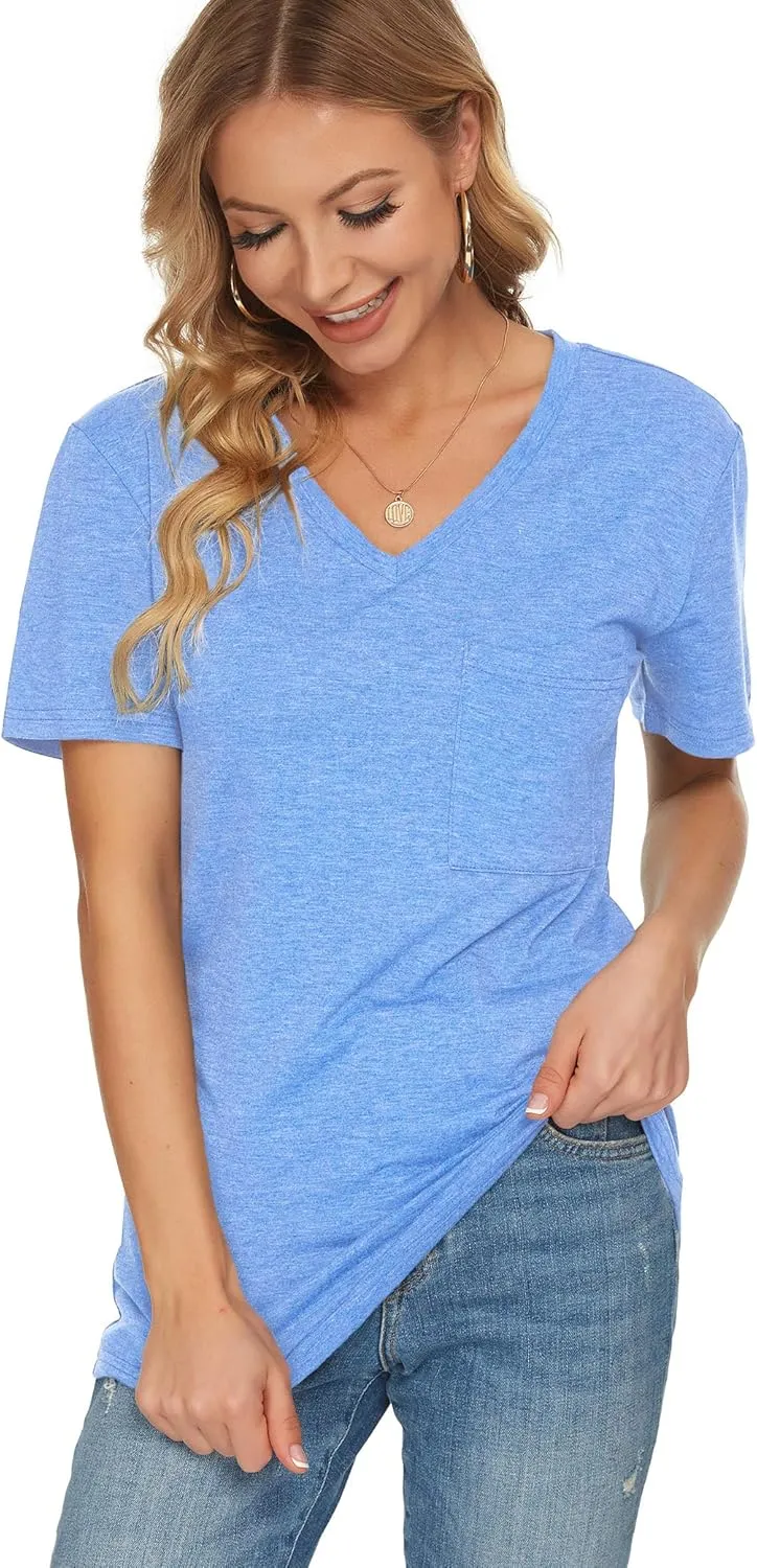 TODOLOR Womens T Shirts Short Sleeve V Neck Loose Casual Summer Tees Basic Tunic Tops with Pocket