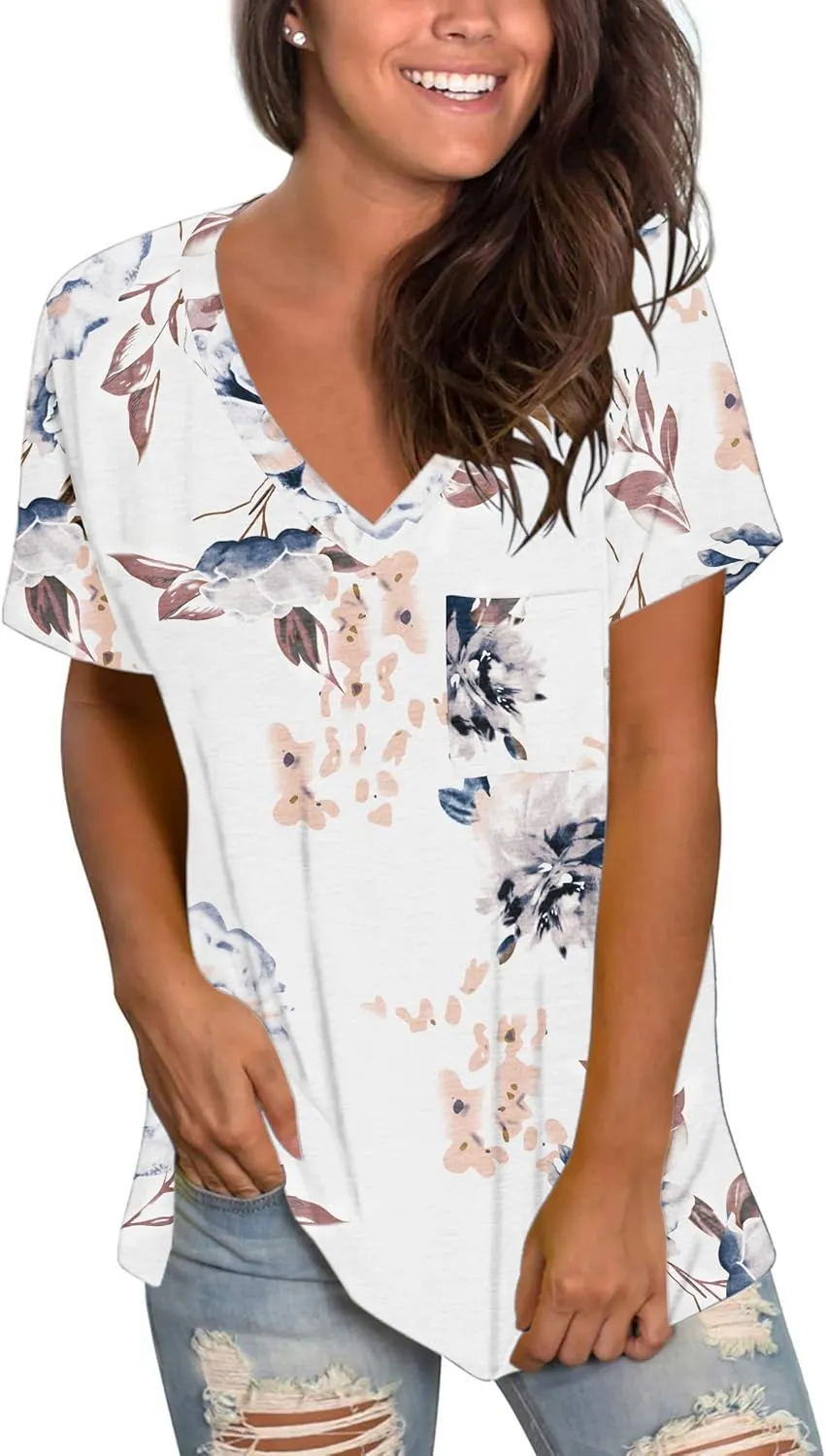 TODOLOR Womens T Shirts Short Sleeve V Neck Loose Casual Summer Tees Basic Tunic Tops with Pocket
