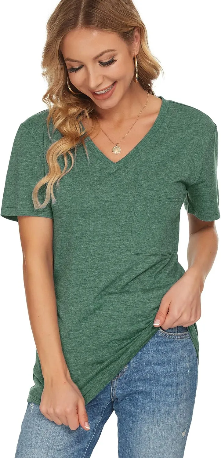 TODOLOR Womens T Shirts Short Sleeve V Neck Loose Casual Summer Tees Basic Tunic Tops with Pocket