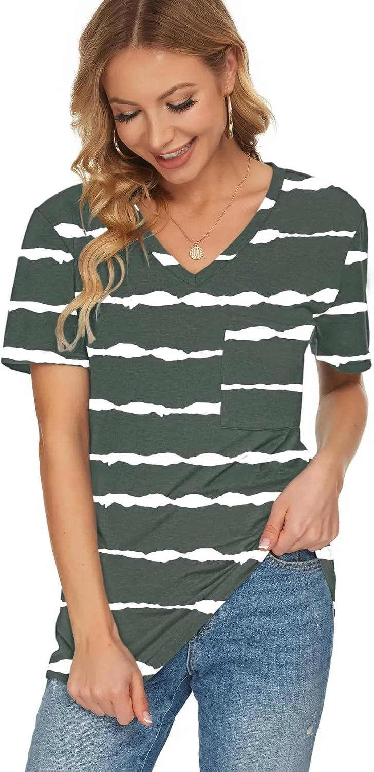 TODOLOR Womens T Shirts Short Sleeve V Neck Loose Casual Summer Tees Basic Tunic Tops with Pocket