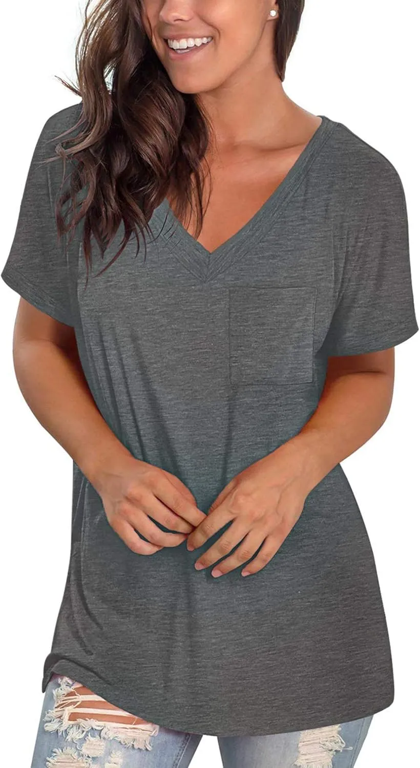 TODOLOR Womens T Shirts Short Sleeve V Neck Loose Casual Summer Tees Basic Tunic Tops with Pocket