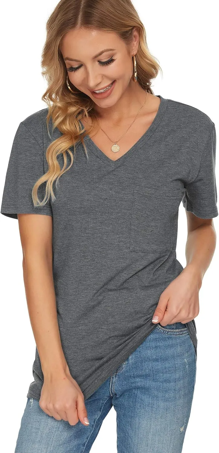 TODOLOR Womens T Shirts Short Sleeve V Neck Loose Casual Summer Tees Basic Tunic Tops with Pocket