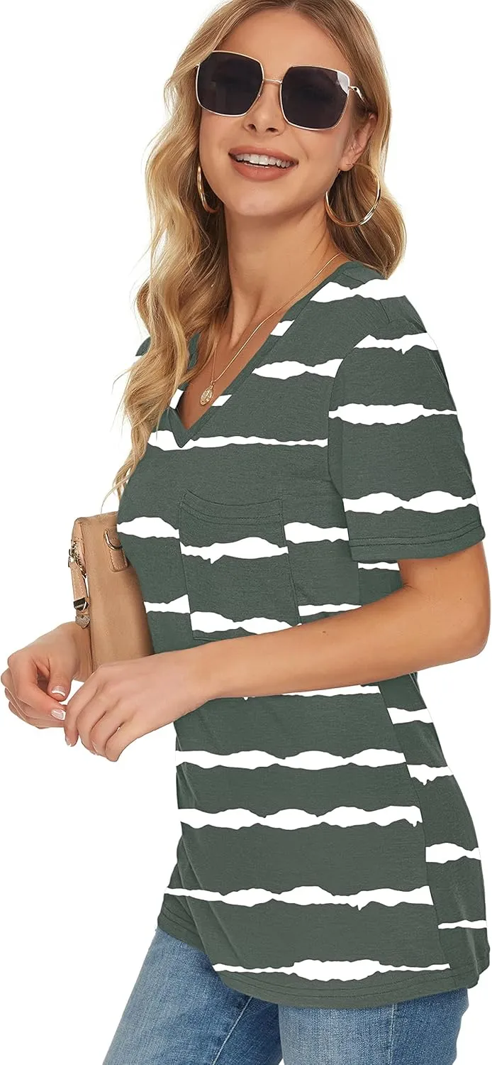 TODOLOR Womens T Shirts Short Sleeve V Neck Loose Casual Summer Tees Basic Tunic Tops with Pocket