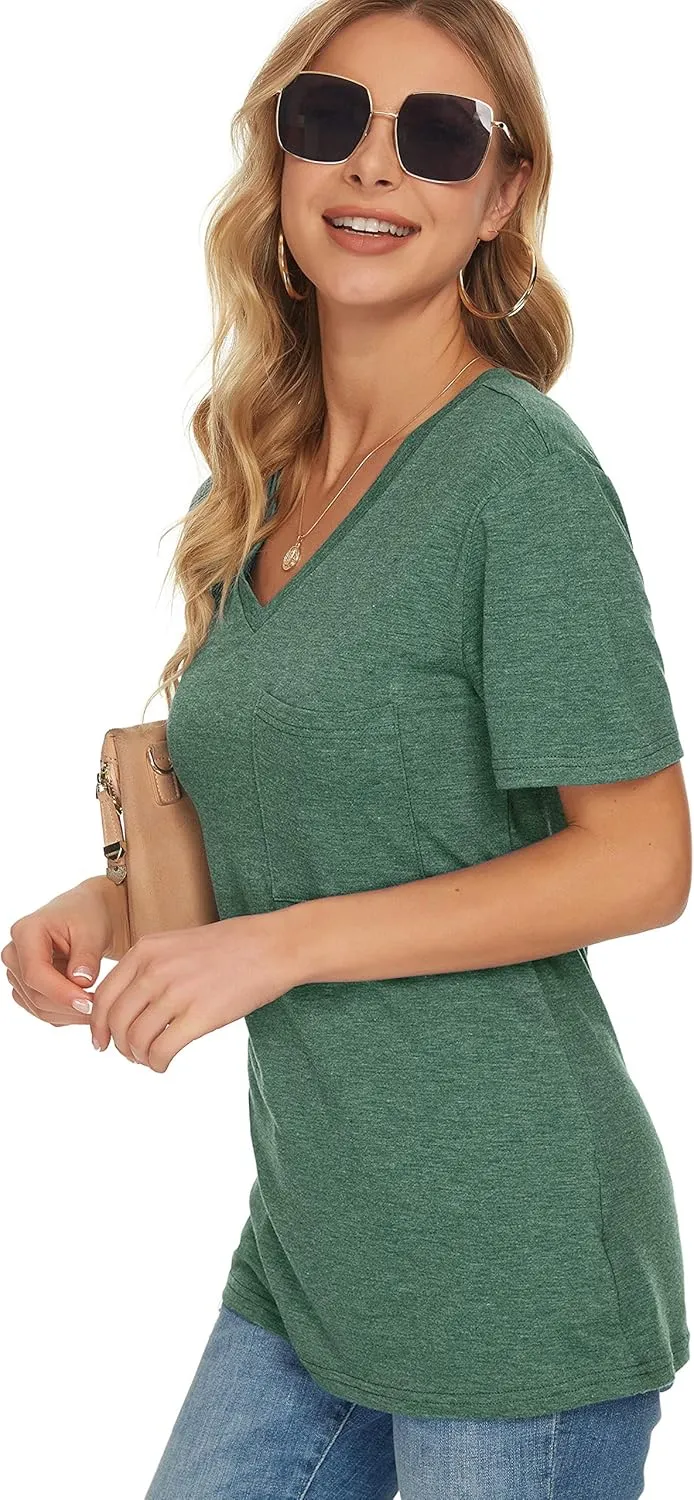 TODOLOR Womens T Shirts Short Sleeve V Neck Loose Casual Summer Tees Basic Tunic Tops with Pocket