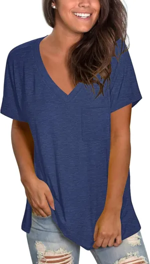 TODOLOR Womens T Shirts Short Sleeve V Neck Loose Casual Summer Tees Basic Tunic Tops with Pocket