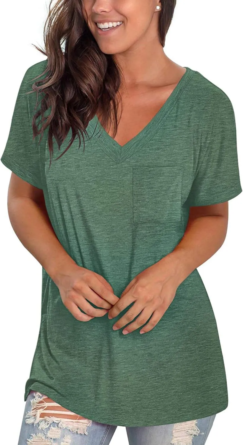 TODOLOR Womens T Shirts Short Sleeve V Neck Loose Casual Summer Tees Basic Tunic Tops with Pocket
