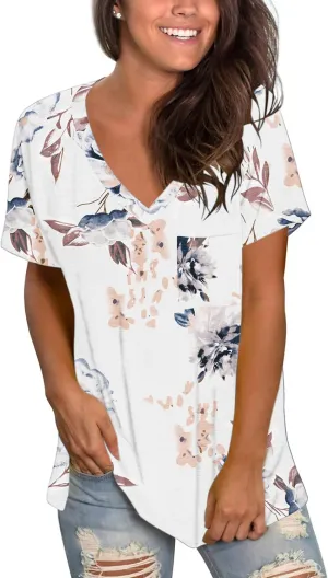 TODOLOR Womens T Shirts Short Sleeve V Neck Loose Casual Summer Tees Basic Tunic Tops with Pocket