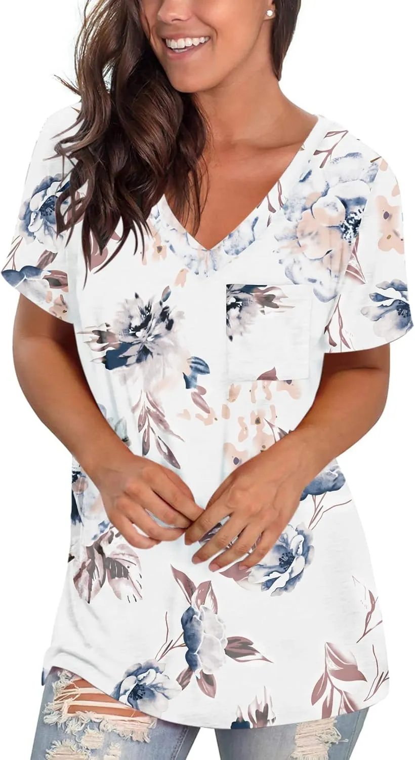 TODOLOR Womens T Shirts Short Sleeve V Neck Loose Casual Summer Tees Basic Tunic Tops with Pocket