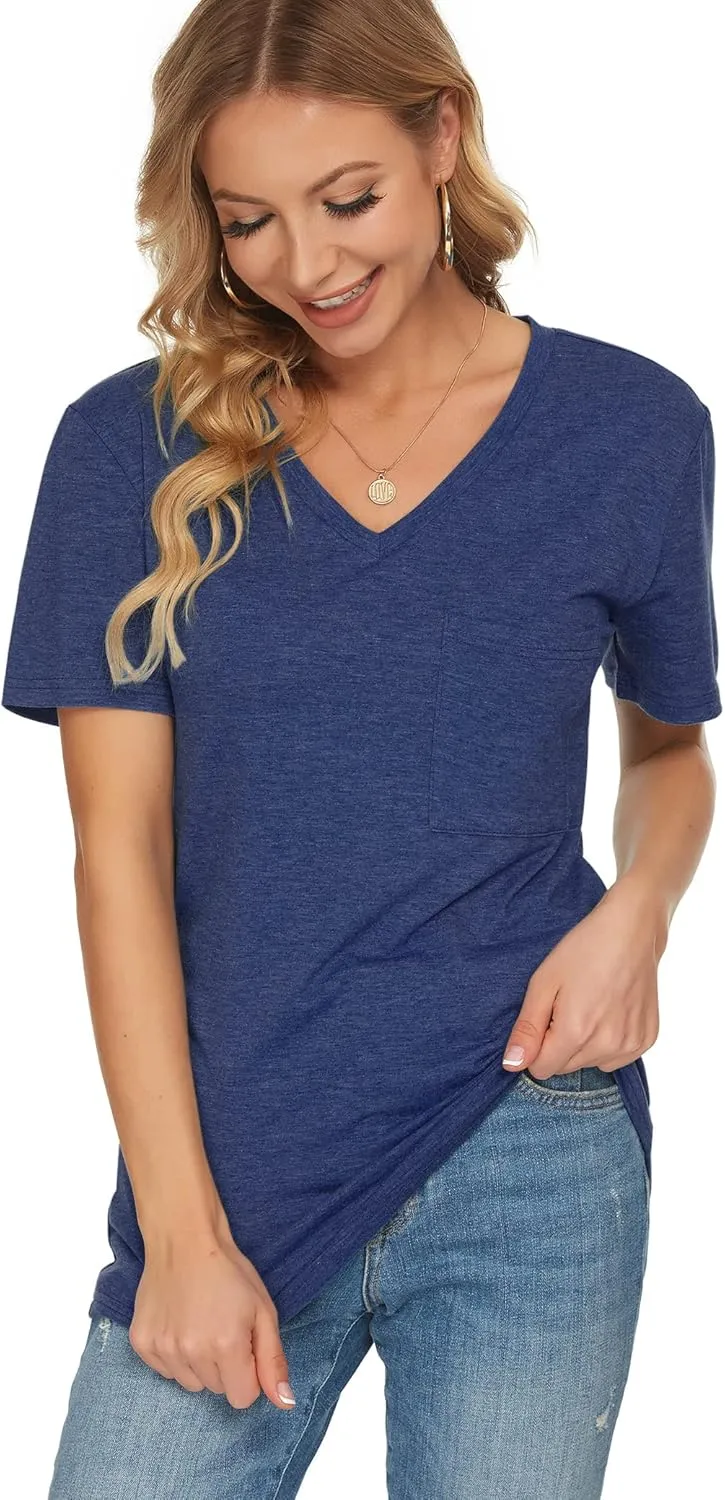 TODOLOR Womens T Shirts Short Sleeve V Neck Loose Casual Summer Tees Basic Tunic Tops with Pocket