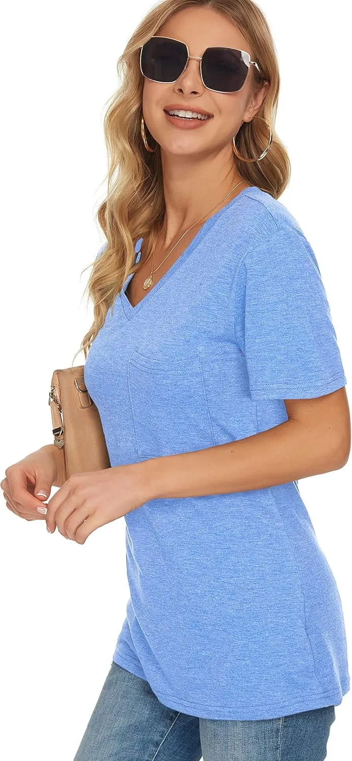 TODOLOR Womens T Shirts Short Sleeve V Neck Loose Casual Summer Tees Basic Tunic Tops with Pocket