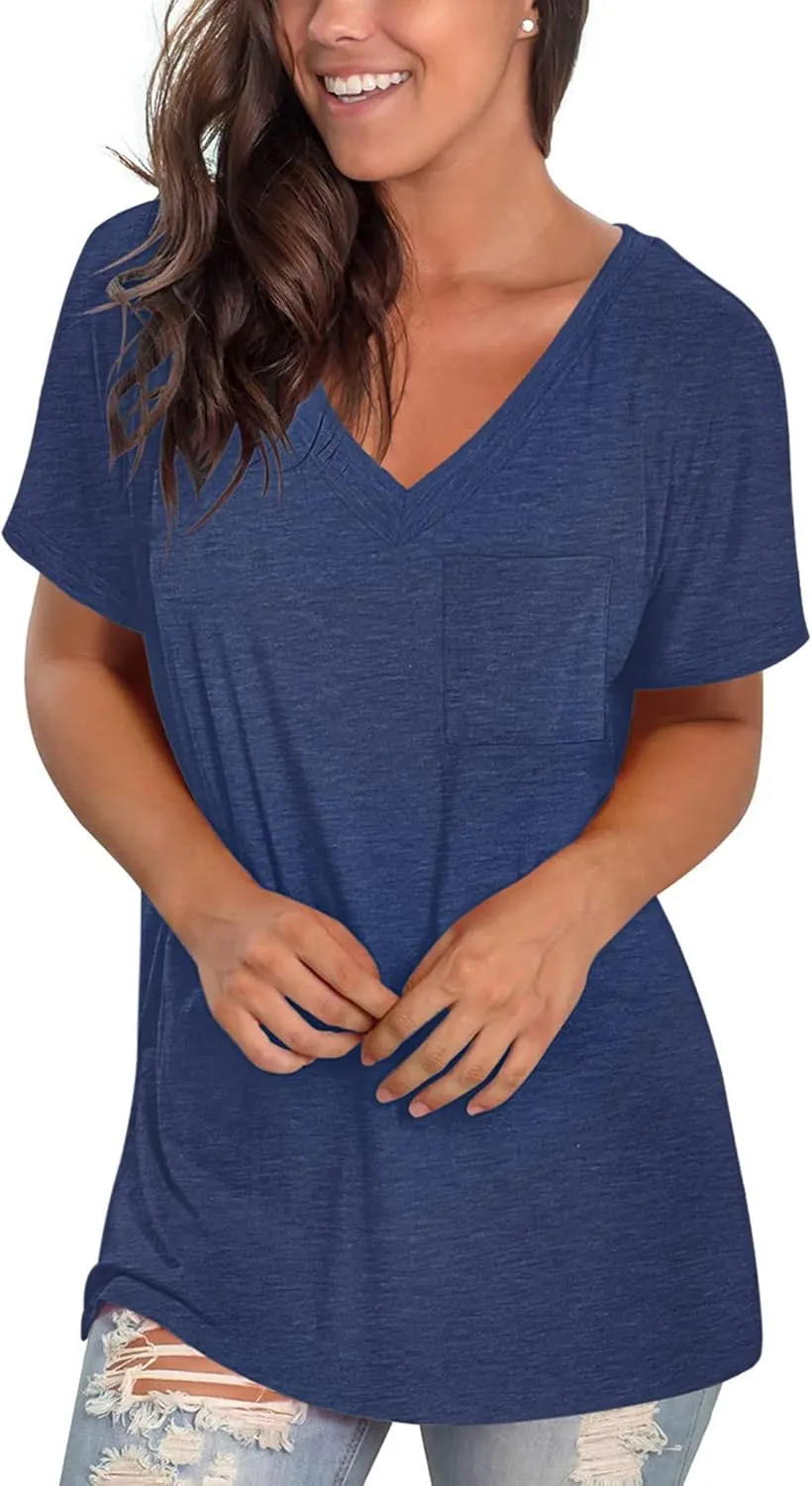 TODOLOR Womens T Shirts Short Sleeve V Neck Loose Casual Summer Tees Basic Tunic Tops with Pocket