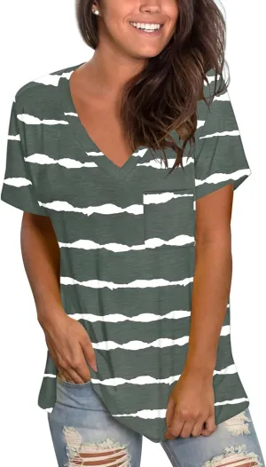 TODOLOR Womens T Shirts Short Sleeve V Neck Loose Casual Summer Tees Basic Tunic Tops with Pocket