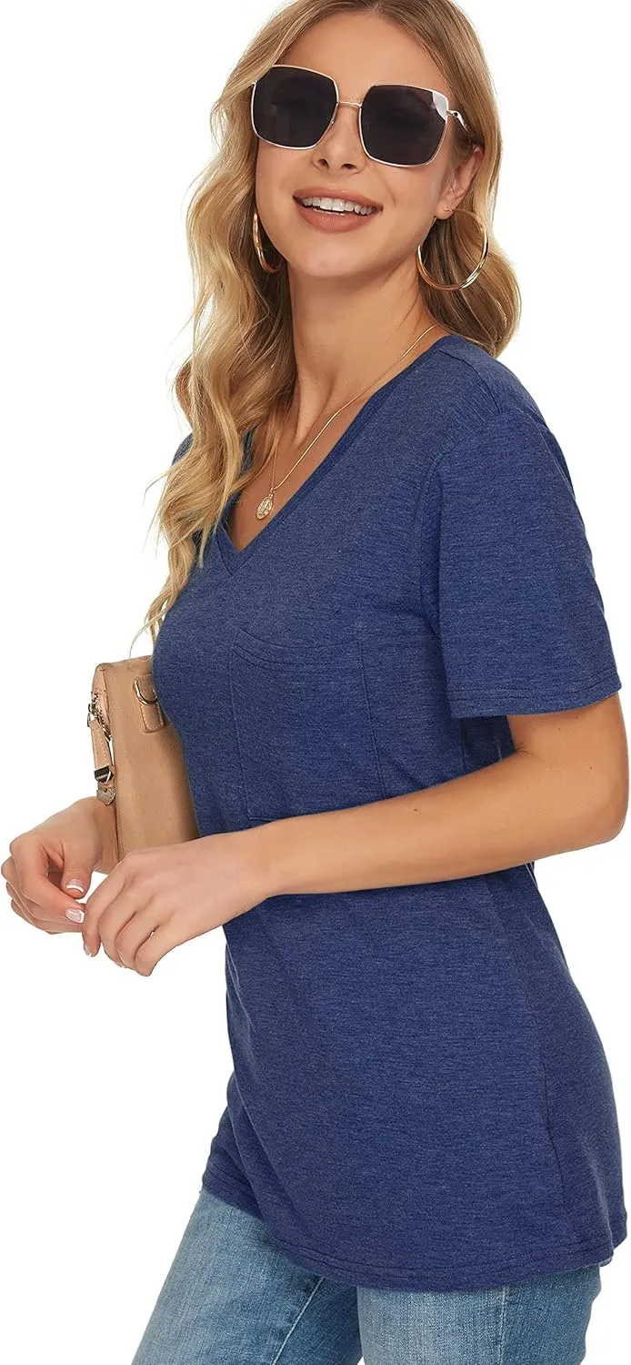 TODOLOR Womens T Shirts Short Sleeve V Neck Loose Casual Summer Tees Basic Tunic Tops with Pocket