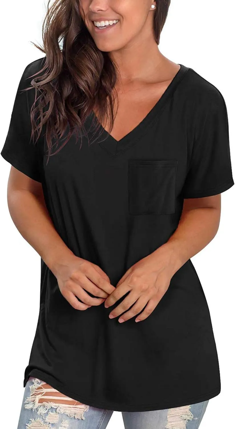 TODOLOR Womens T Shirts Short Sleeve V Neck Loose Casual Summer Tees Basic Tunic Tops with Pocket