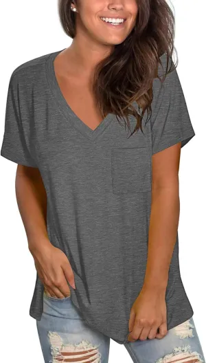 TODOLOR Womens T Shirts Short Sleeve V Neck Loose Casual Summer Tees Basic Tunic Tops with Pocket