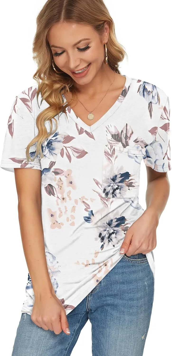 TODOLOR Womens T Shirts Short Sleeve V Neck Loose Casual Summer Tees Basic Tunic Tops with Pocket