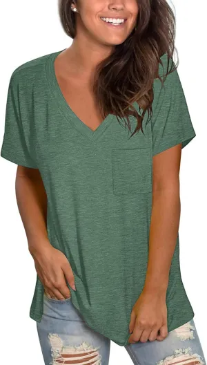TODOLOR Womens T Shirts Short Sleeve V Neck Loose Casual Summer Tees Basic Tunic Tops with Pocket