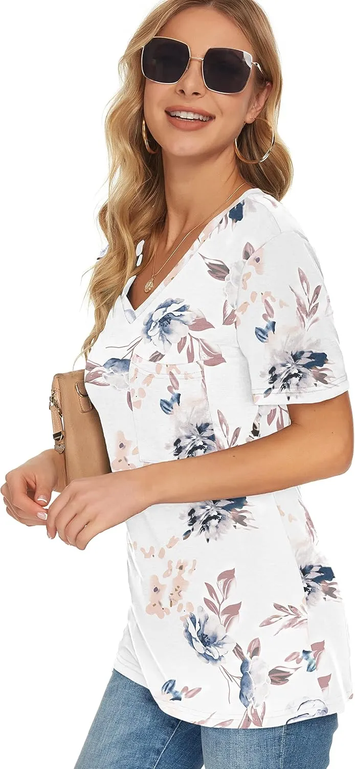 TODOLOR Womens T Shirts Short Sleeve V Neck Loose Casual Summer Tees Basic Tunic Tops with Pocket